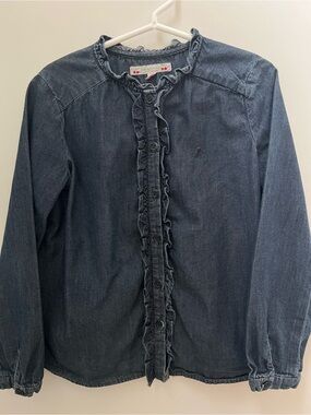 Bonpoint Dark Blue Soft Denim Ruffle Collar Shirt